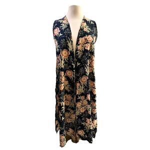 Floral Sleeveless Kimono Duster Wrap Navy Lightweight S Boho Flowy Semi Sheer